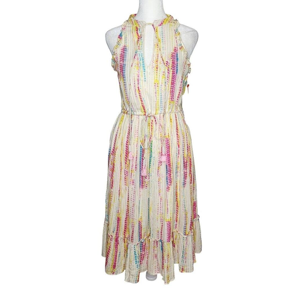 Black Tape Metallic Tie Dye Boho Tassel Midi Dress Women's S Petite Resortwear